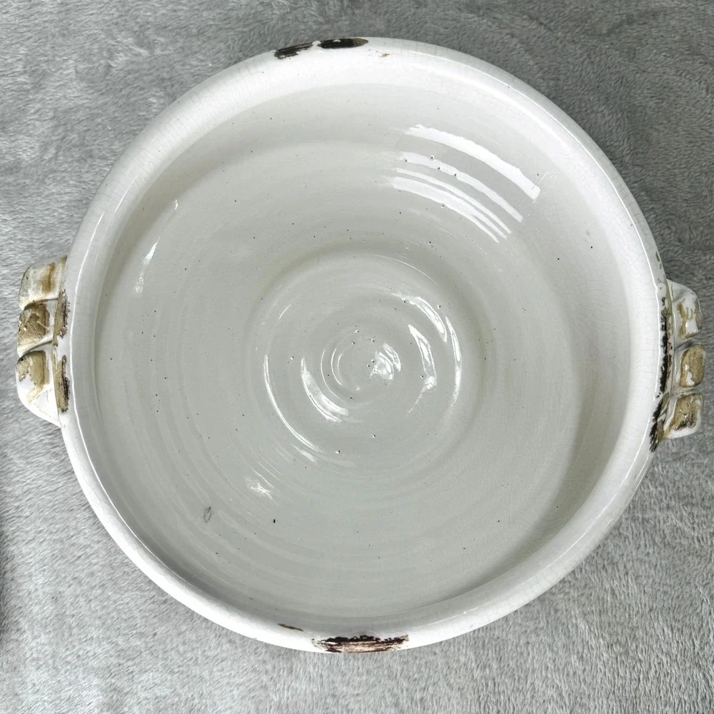 Rustic White Crackle Glaze Stoneware Bowl Planter Farmhouse Cottagecore Decor